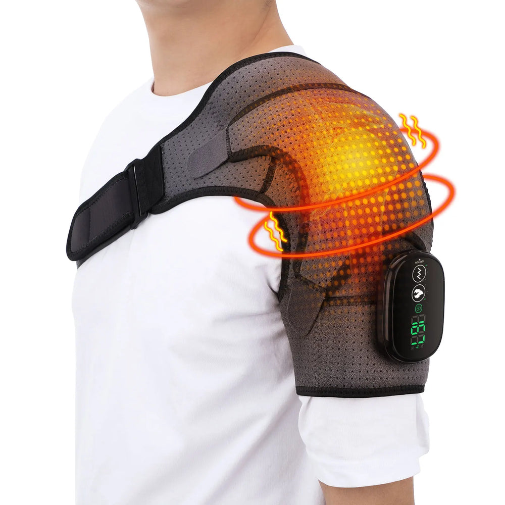 Heated shoulder wrap worn over a T-shirt