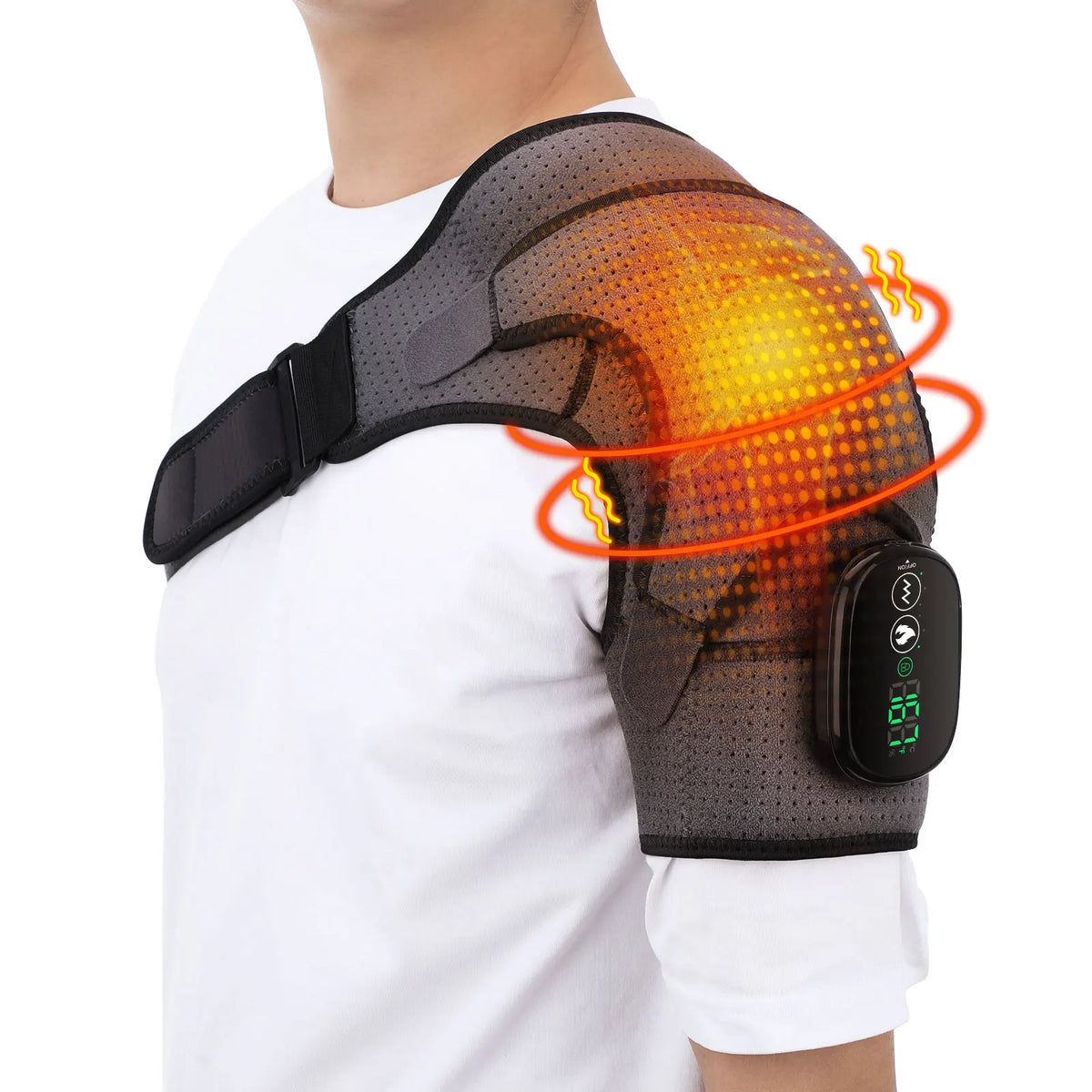 Heated shoulder wrap worn over a T-shirt