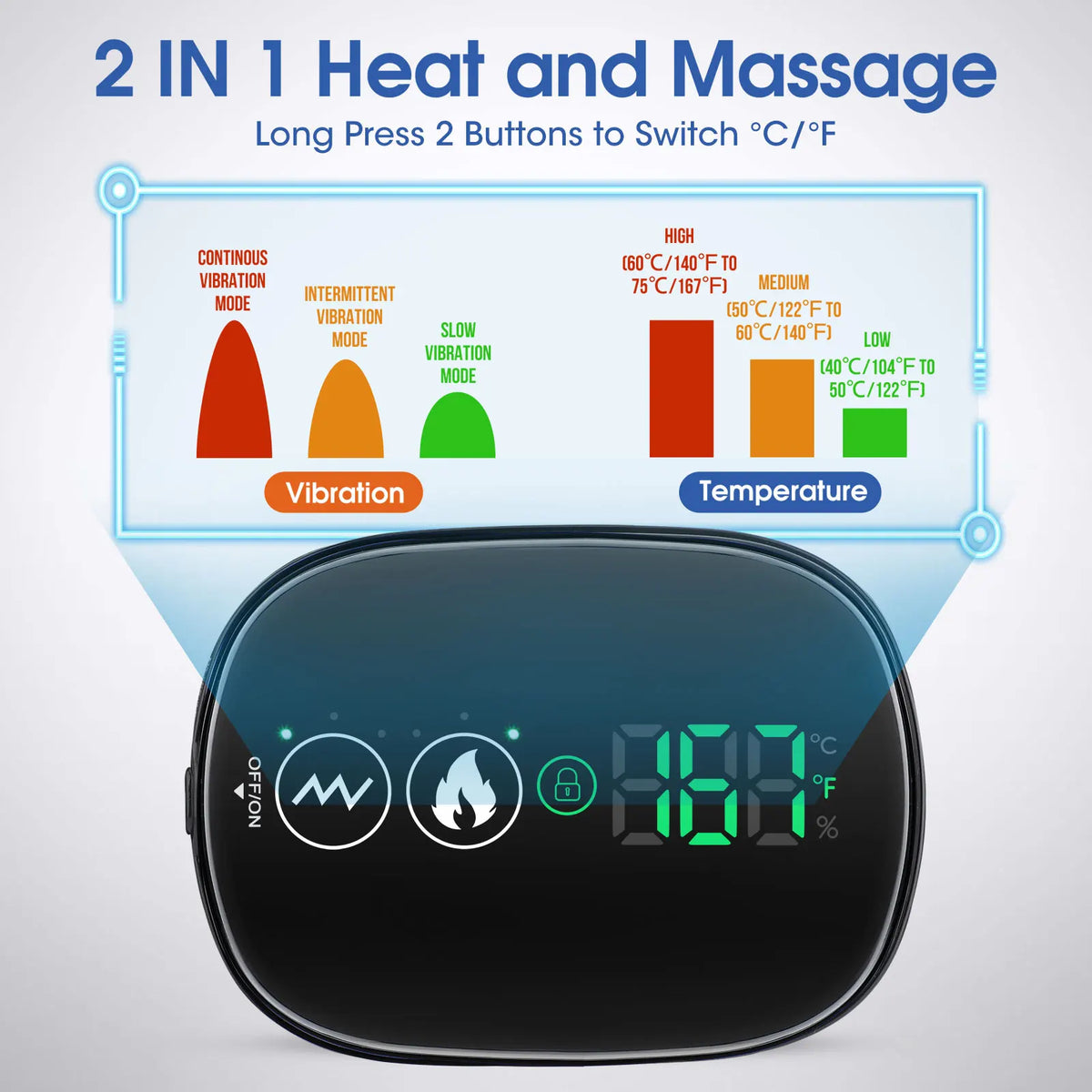 Controller with 3 heat levels and 3 vibration modes