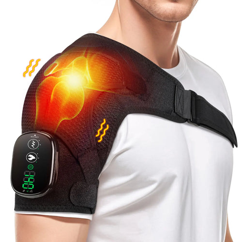 Soothe & Motion heated shoulder wrap glowing warm on the shoulder